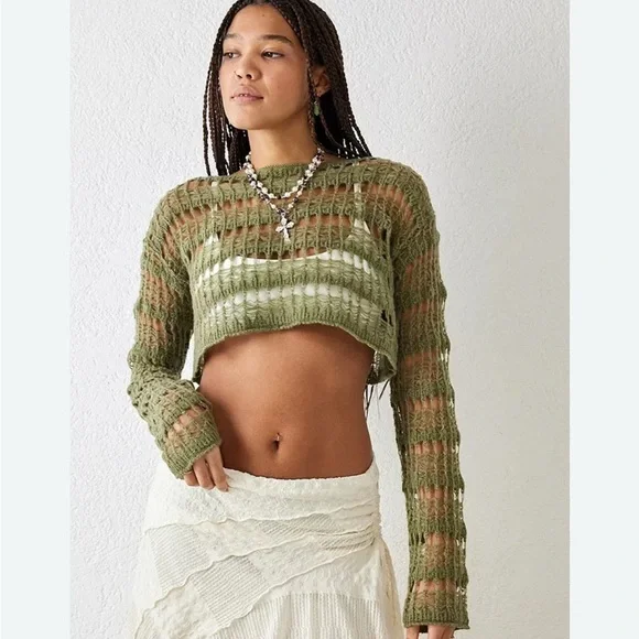 BDG URBAN OUTFITTERS Ladder Cobweb Crop Sweater, Olive, Grunge, Y2K, Beachy, M - Picture 6 of 10